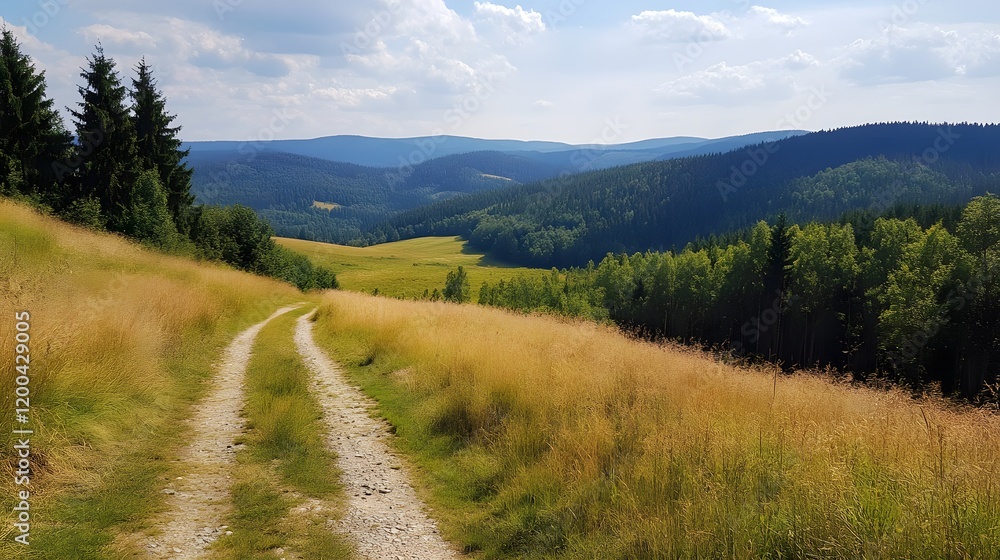 Mountain road, summer valley landscape, scenic view, hiking trail Mountain road, summer valley landscape, scenic view, hiking trail