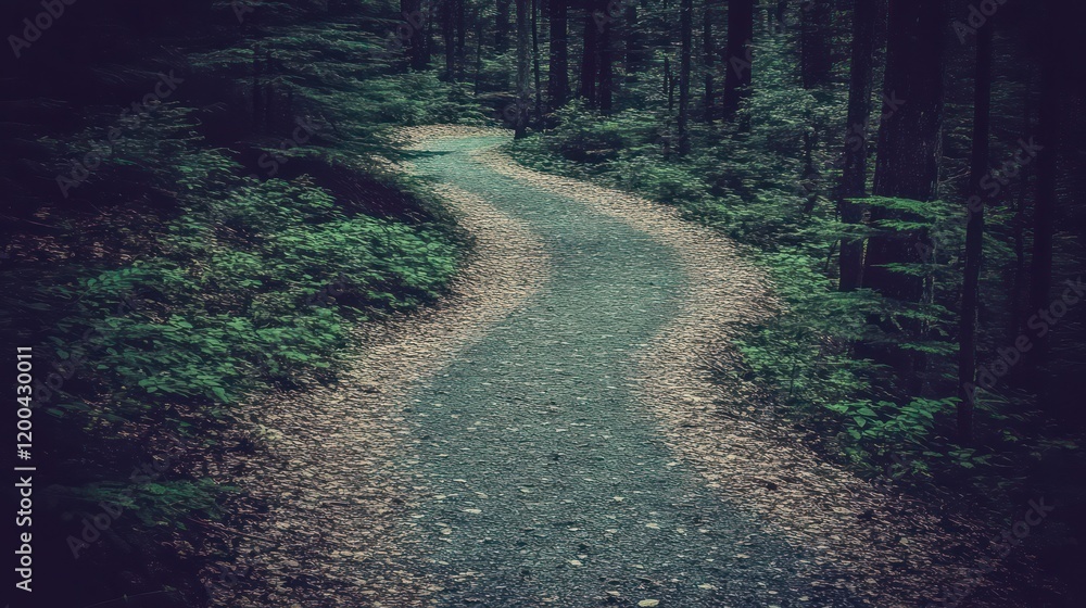 Fototapeta premium Winding path through a dark, lush forest.