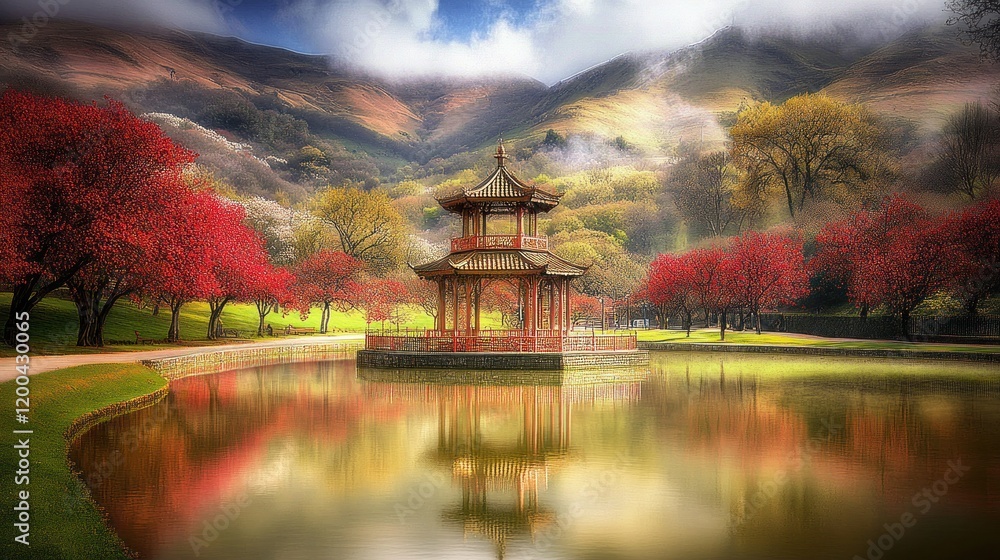 Serene pagoda reflected in calm lake amidst autumnal trees and misty mountains. Serene pagoda reflected in calm lake amidst autumnal trees and misty mountains.