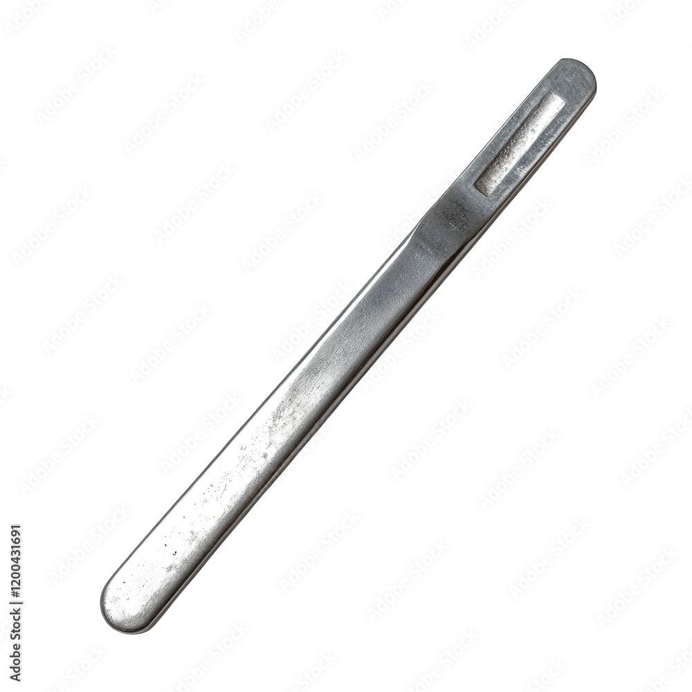 a sleek. metallic tool resembling a spatula or a small scraper. characterized by its elongated shape and a narrow slot at one end it appears to be made of stainless steel. suggesting durability and a a sleek. metallic tool resembling a spatula or a small scraper. characterized by its elongated shape and a narrow slot at one end it appears to be made of stainless steel. suggesting durability and a