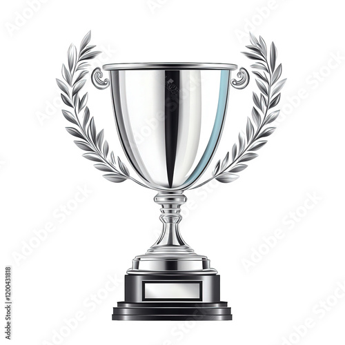 shiny silver trophy. elegantly designed with a cup shape and adorned with laurel leaves on either side. symbolizing victory and achievement the trophy is mounted on a black base. implying it is awarde