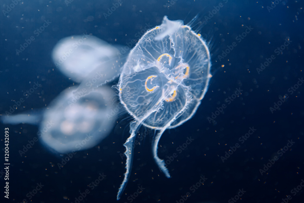 Translucent jellyfish floating gracefully in dark water, illuminated to reveal intricate details. Background includes additional jellyfish, adding depth and an ethereal quality to the image