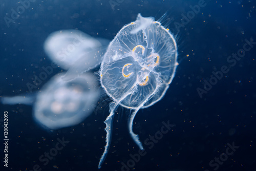 Translucent jellyfish floating gracefully in dark water, illuminated to reveal intricate details. Background includes additional jellyfish, adding depth and an ethereal quality to the image