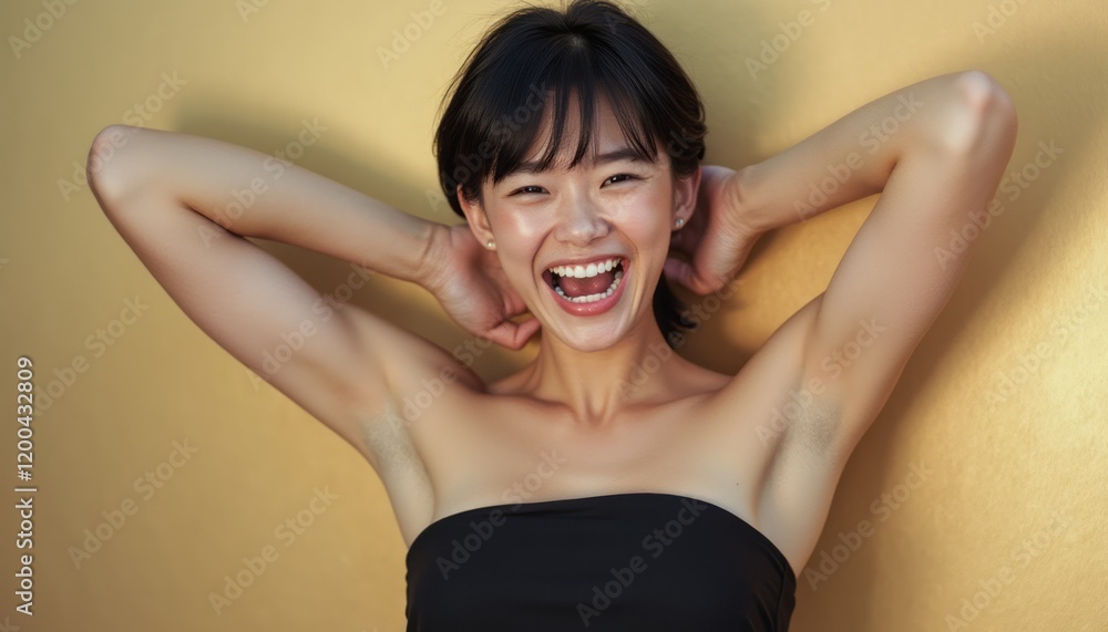Fototapeta premium A cheerful young Asian woman is playfully posing with her arms behind her head, showcasing her vibrant smile against a shimmering gold background. Her carefree expression and relaxed posture exude