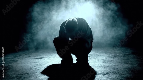 Man crouching in darkness, head bowed, shrouded in smoke and light.