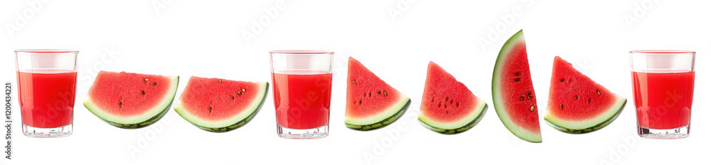 vibrant display of watermelon slices alongside glasses filled with watermelon juice. showcasing the refreshing and juicy nature of the fruit the arrangement emphasizes the fruit's bright red flesh and vibrant display of watermelon slices alongside glasses filled with watermelon juice. showcasing the refreshing and juicy nature of the fruit the arrangement emphasizes the fruit's bright red flesh and