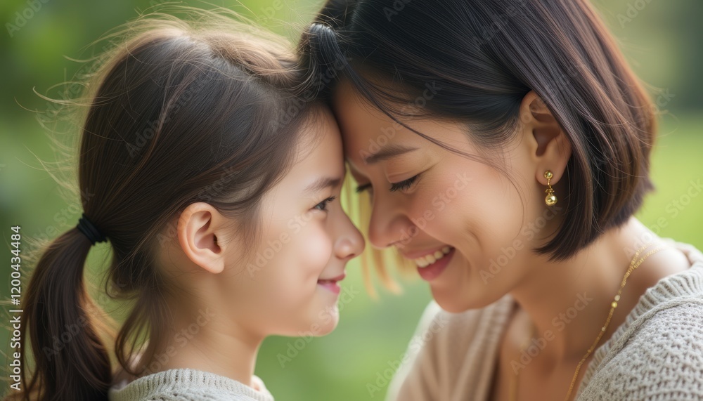 This touching image captures a mother and her young daughter gently touching foreheads, radiating love and happiness. Their warm smiles and close connection evoke a sense of tenderness and familial This touching image captures a mother and her young daughter gently touching foreheads, radiating love and happiness. Their warm smiles and close connection evoke a sense of tenderness and familial
