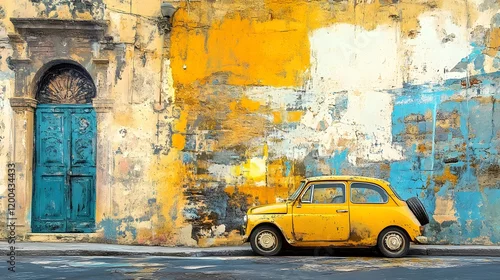 Obraz  z motywem Yellow vintage car parked by colorful wall, Italy. Travel photography for websites