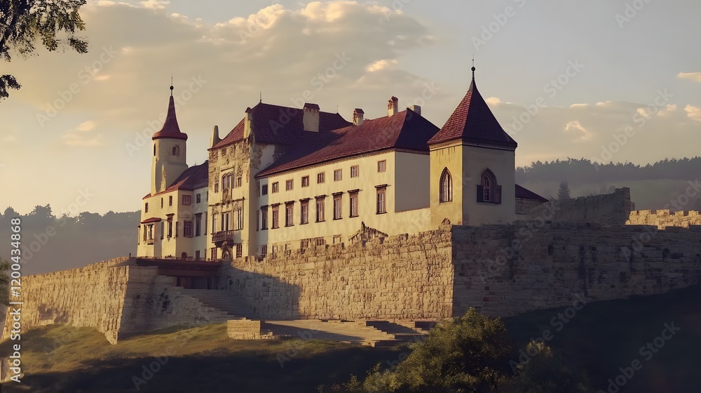 Fototapeta premium Hilltop castle sunset; scenic landscape; tourism