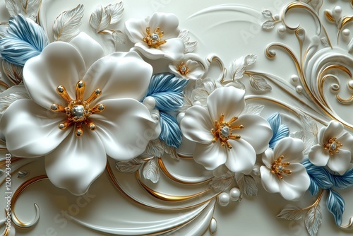 Elegant floral relief design featuring white flowers and golden accents.
