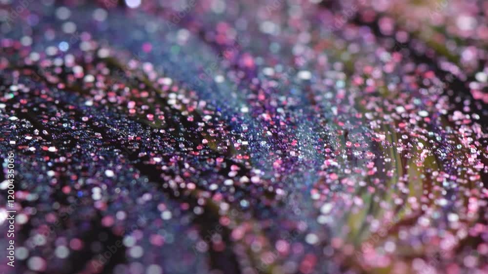 Macro video of small, reflective particles (glitter) in shades of blue, pink, and silver, densely covering a surface. The background is blurred, showing indistinct shapes and colors Macro video of small, reflective particles (glitter) in shades of blue, pink, and silver, densely covering a surface. The background is blurred, showing indistinct shapes and colors