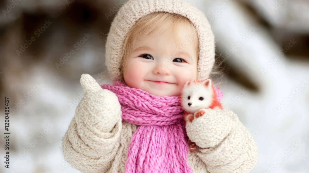Adorable toddler girl in winter clothes, holding a toy fox, smiles happily in snowy outdoor setting. Adorable toddler girl in winter clothes, holding a toy fox, smiles happily in snowy outdoor setting.