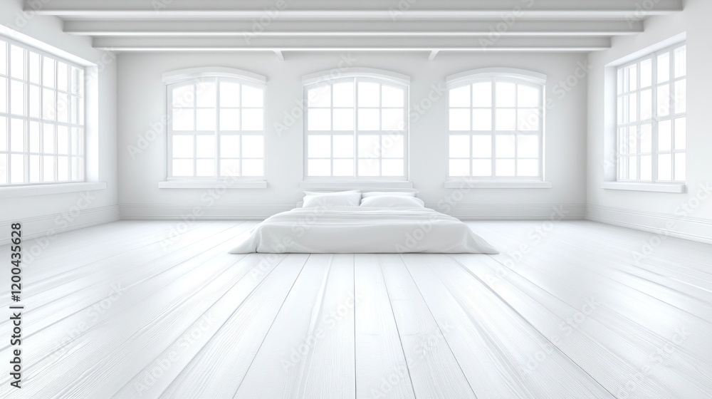 Obraz premium Minimalist white bedroom with large windows and wooden floor.