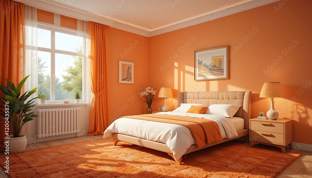 Fototapeta premium Sunlit Orange Bedroom With Modern Bed And Decor