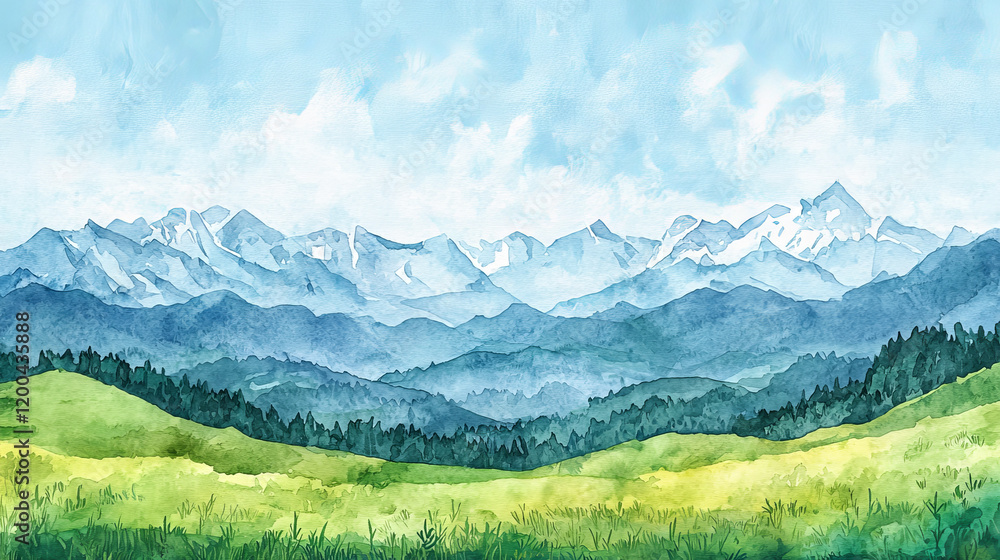 Fototapeta premium Majestic Mountain Landscape in Spring Watercolor Art with Rolling Green Hills and Blue Sky. Concept of Nature's Beauty, Tranquility, Scenic Outdoors, Peaceful Wilderness