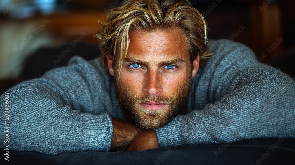 Obraz premium A man with long, wavy hair and a well-groomed beard rests comfortably indoors. He gazes intently at the camera, embodying a relaxed yet captivating presence