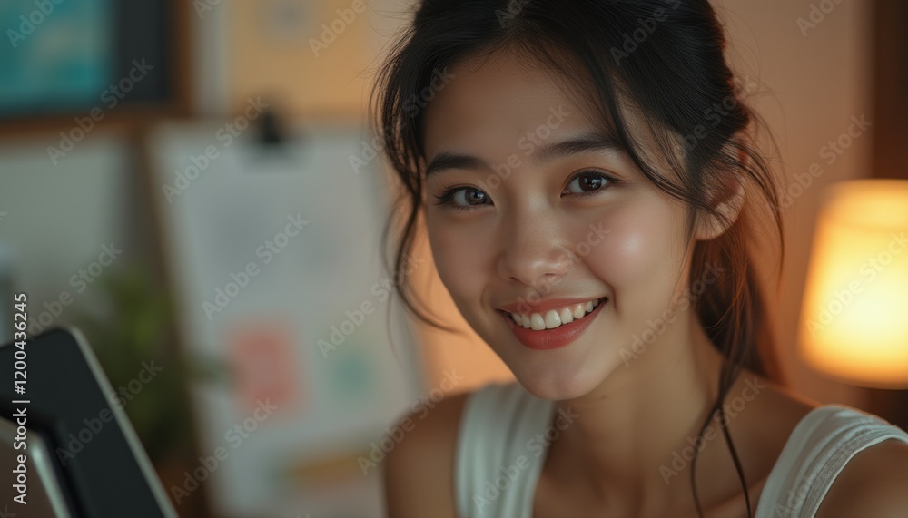 A cheerful young Asian woman with long, flowing hair beams with joy, illuminated by gentle ambient light. Her bright smile radiates positivity, creating an inviting atmosphere that feels both personal A cheerful young Asian woman with long, flowing hair beams with joy, illuminated by gentle ambient light. Her bright smile radiates positivity, creating an inviting atmosphere that feels both personal