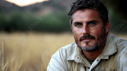 A man with a beard sits in a vast golden field during sunset, wearing a light shirt. His relaxed expression highlights the tranquility of the rural landscape and the beauty of nature