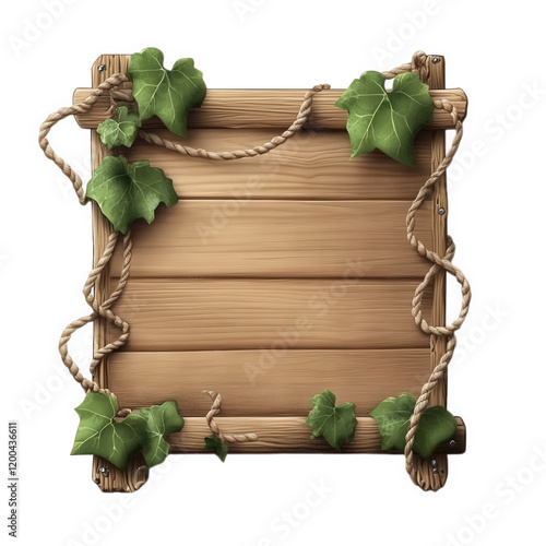 wooden signboard adorned with green ivy leaves and ropes. creating a rustic and natural appearance the blank surface invites customization. making it suitable for various purposes such as signage or d photo