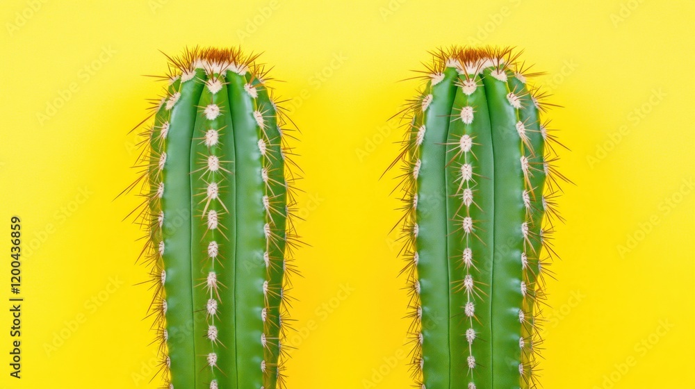 Two vibrant green cacti against a bright yellow background. Two vibrant green cacti against a bright yellow background.
