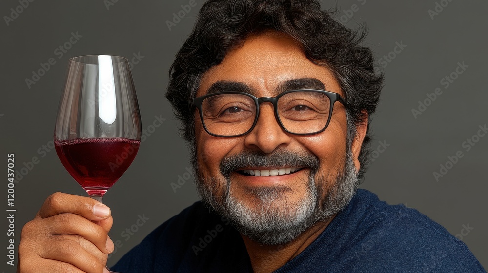 A cheerful man in casual attire enjoys a glass of red wine. He smiles warmly, creating a welcoming atmosphere during a joyful gathering with friends in a cozy space A cheerful man in casual attire enjoys a glass of red wine. He smiles warmly, creating a welcoming atmosphere during a joyful gathering with friends in a cozy space