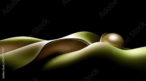 Abstract olive green and gold sphere on undulating surface, dark background.