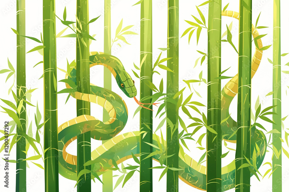 Obraz premium Illustration of a green snake weaving through lush bamboo forest creating a vibrant natural scene