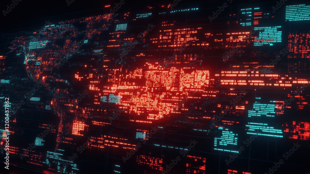 Obraz premium Futuristic digital world map with red and blue data streams.