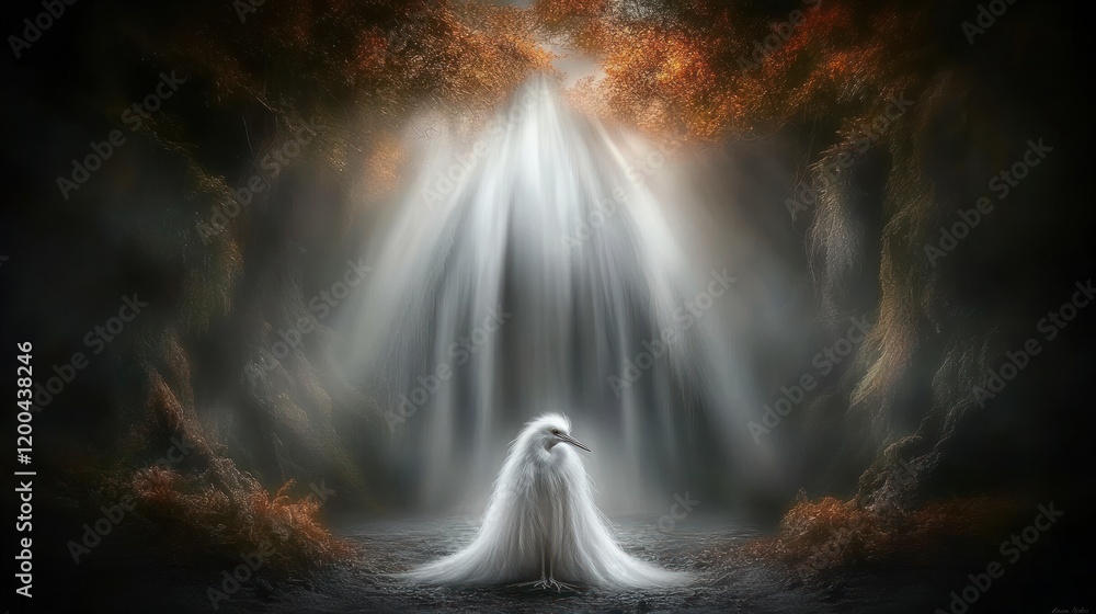 Serene white bird in mystical waterfall scene. Serene white bird in mystical waterfall scene.