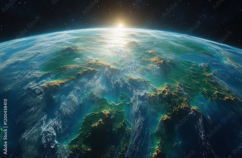 Breathtaking View of Earth from Space with Vibrant Oceans and Green Continents Breathtaking View of Earth from Space with Vibrant Oceans and Green Continents