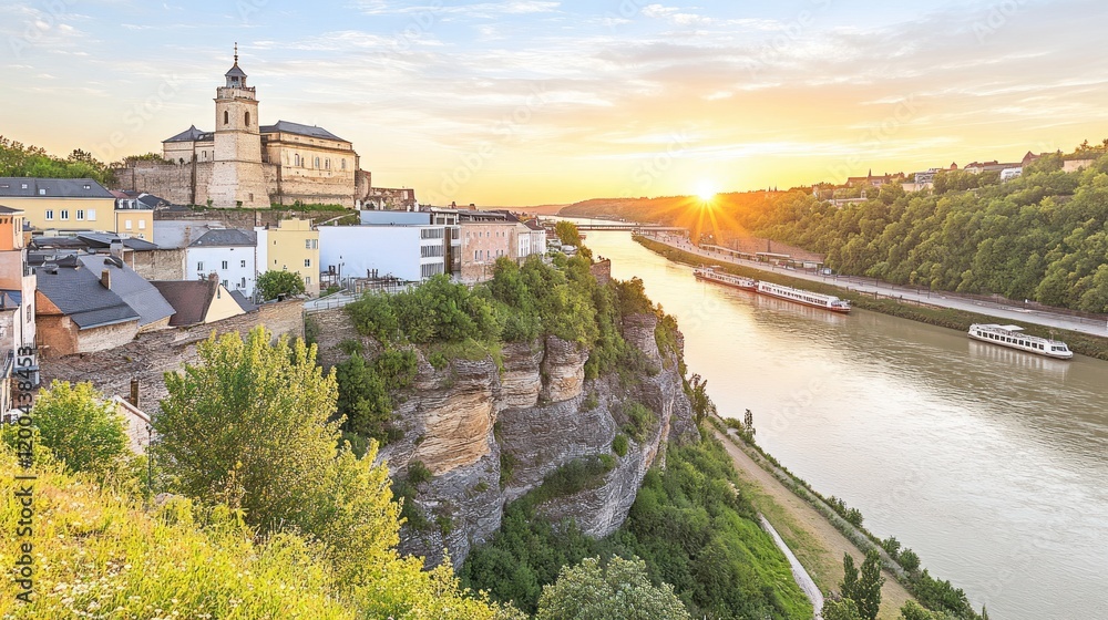 Fototapeta premium Sunset over river town with cliffside buildings and church.
