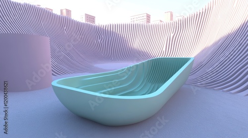 Pastel teal bathtub in surreal, wavy, minimalist architecture.