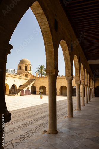 Great mosque in medieval medina of Sousse, Tunisia, North Africa. Picturesque courtyard and stairs. Old walls and arches