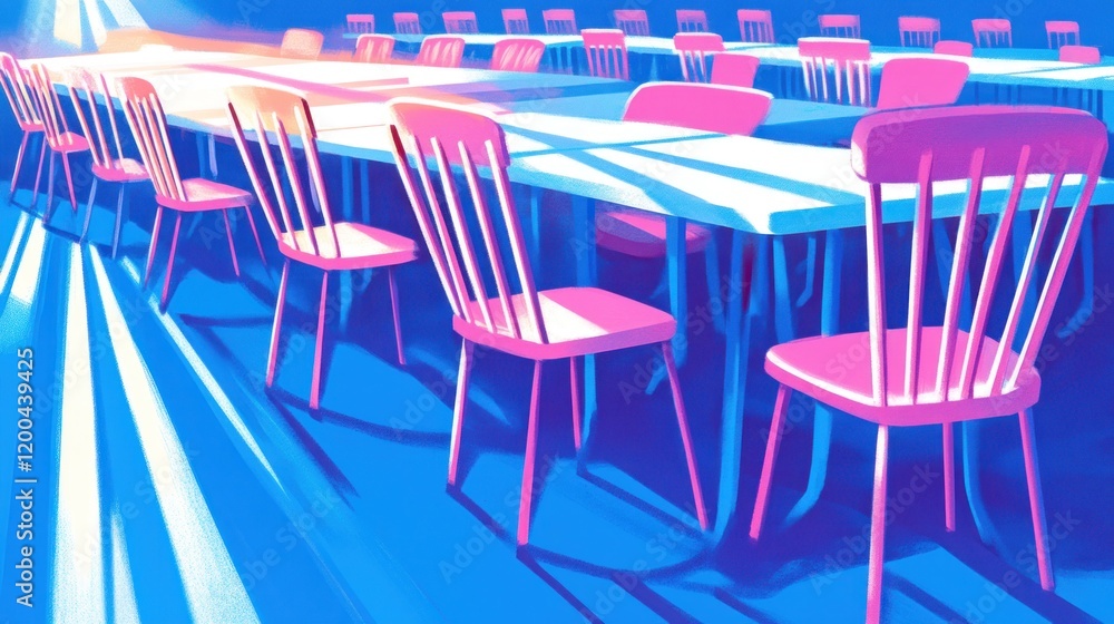 Obraz premium Sunlit room with rows of pink chairs and tables.