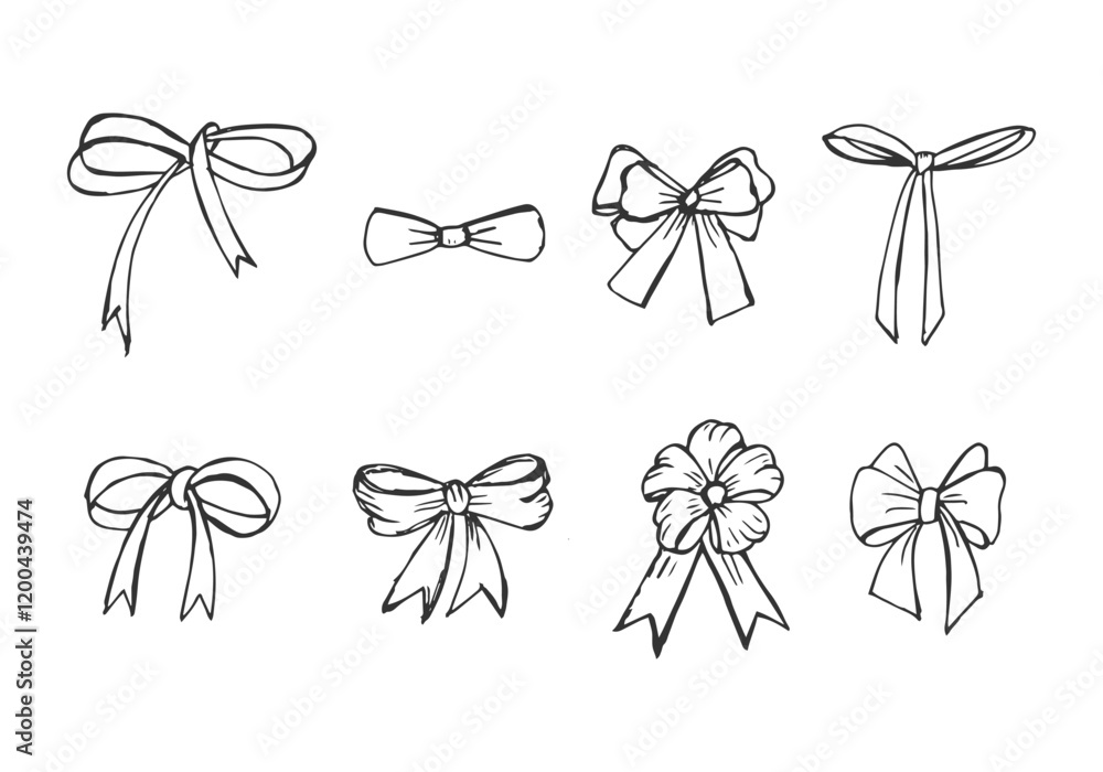 Hand-drawn set collection of bows vector cartoon doodle illustrations. Hand-drawn set collection of bows vector cartoon doodle illustrations.
