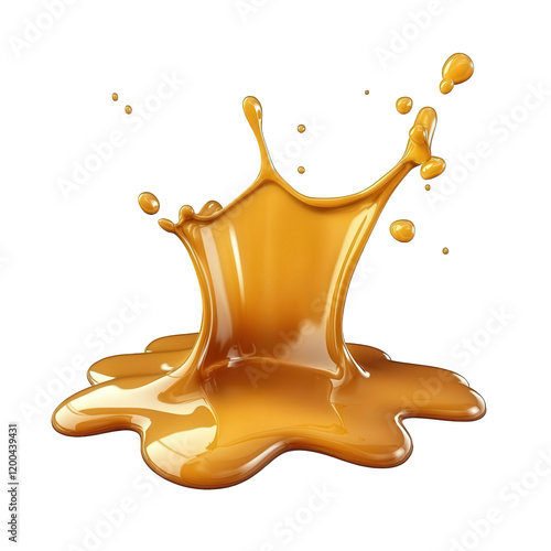 a splash of golden liquid. resembling syrup or honey. with droplets flying outward from the main pool the smooth texture and glossy finish suggest a thick. viscous substance. creating a dynamic and vi photo