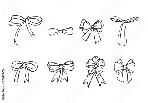 Hand-drawn set collection of bows vector cartoon doodle illustrations.