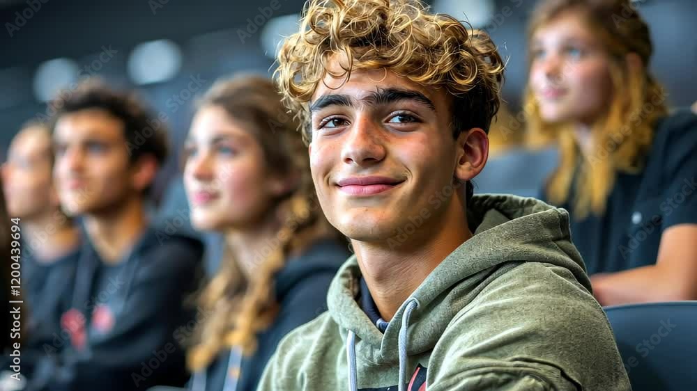 A group of enthusiastic students animatedly discussing topics in class, highlighting a cheerful young man immersed in learning. A group of enthusiastic students animatedly discussing topics in class, highlighting a cheerful young man immersed in learning.