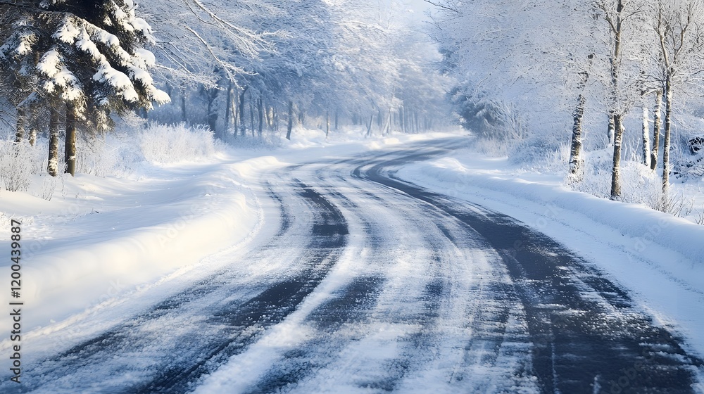 Fototapeta premium Winding snowy road through winter forest