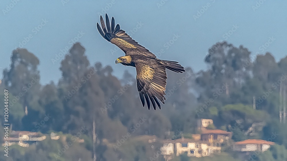 Majestic eagle in flight over suburban landscape. Majestic eagle in flight over suburban landscape.