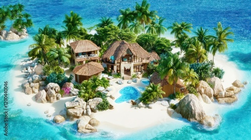 Tropical island paradise with luxurious villas  palm trees  and a private pool.