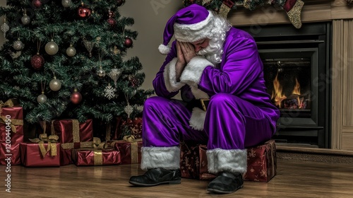 Sad Santa Claus in purple suit sits on presents by Christmas tree and fireplace, head in hands. photo