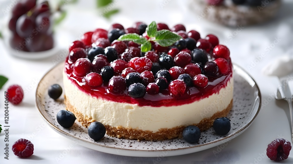 Delicious berry cheesecake dessert on white table Delicious berry cheesecake dessert on white table