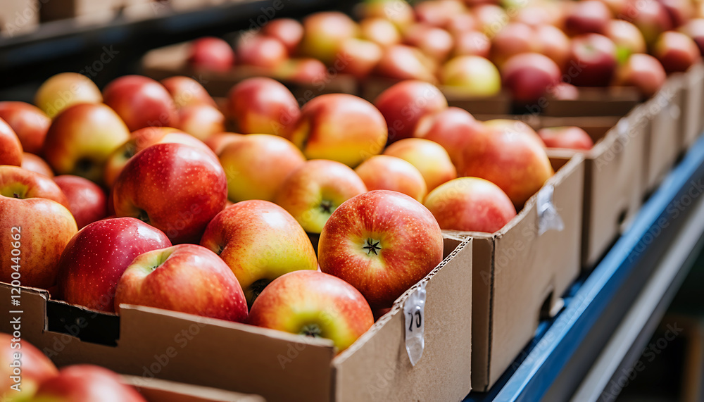 A conveyor belt with apples on it, inside an apple factory. Apples in a market. A conveyor belt with apples on it, inside an apple factory. Apples in a market.