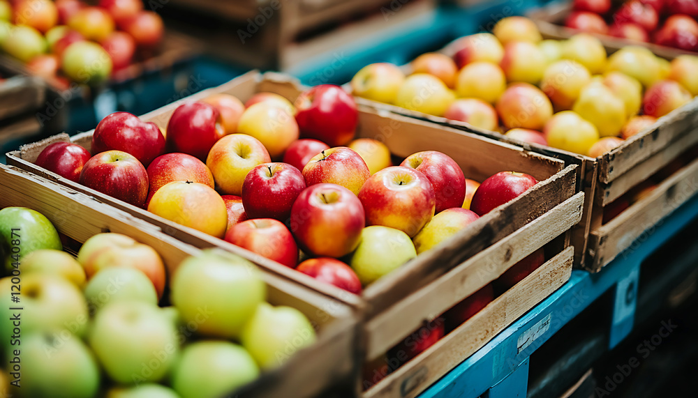 A conveyor belt with apples on it, inside an apple factory. Apples in a market. A conveyor belt with apples on it, inside an apple factory. Apples in a market.