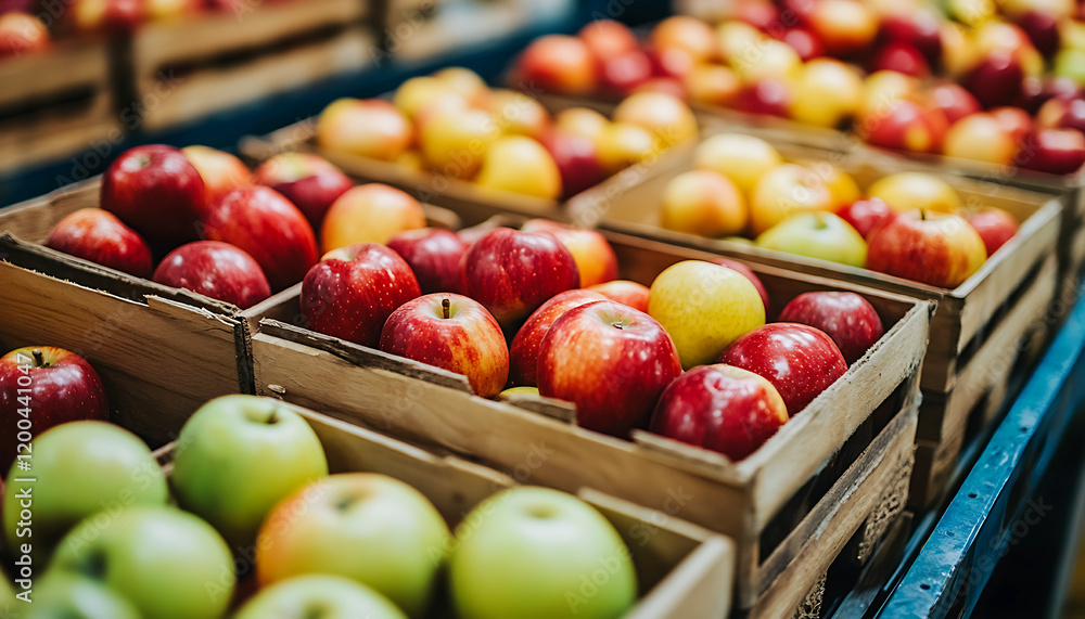 A conveyor belt with apples on it, inside an apple factory. Apples in a market. A conveyor belt with apples on it, inside an apple factory. Apples in a market.