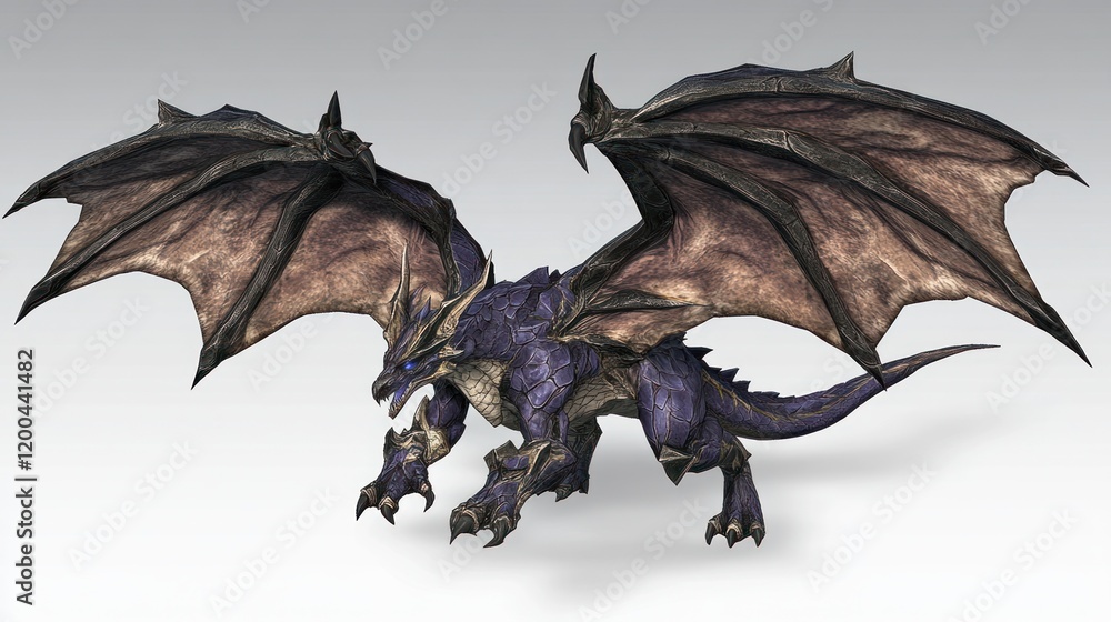 Fototapeta premium A majestic purple dragon with large, dark wings poised for flight against a neutral background.