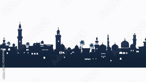  Silhouette of Marrakech skyline featuring historic minarets and palm trees against a minimalist background