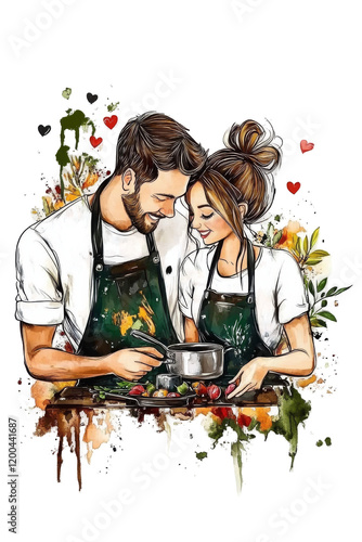 A couple in kitchen aprons joyfully cooking together, surrounded by colorful elements, showcasing love and collaboration in the culinary arts. isolated on white background. Transparent background