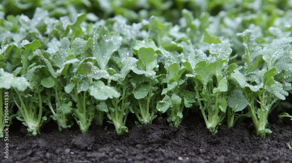 Fresh green seedlings thriving in soil after rain on a sunny morning in a garden setting Fresh green seedlings thriving in soil after rain on a sunny morning in a garden setting